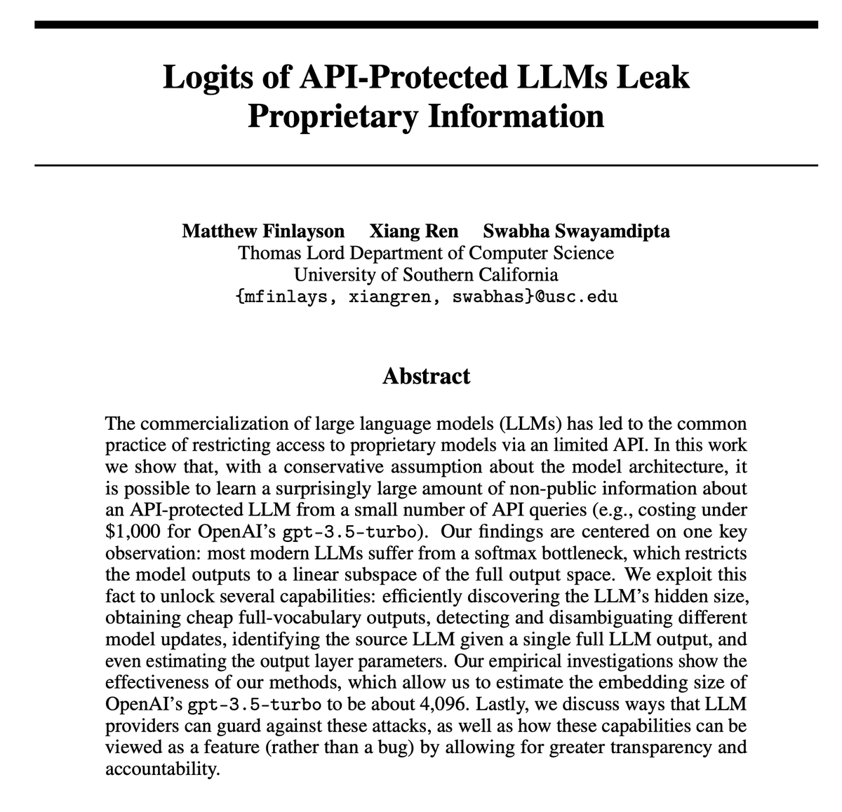 Wanna know gpt-3.5-turbo's embed size? We find a way to extract info from LLM APIs and estimate gpt-3.5-turbo’s embed size to be 4096. With the same trick we also develop 25x faster logprob extraction, audits for LLM APIs, and more! 📄 arxiv.org/abs/2403.09539 Here’s how 1/🧵