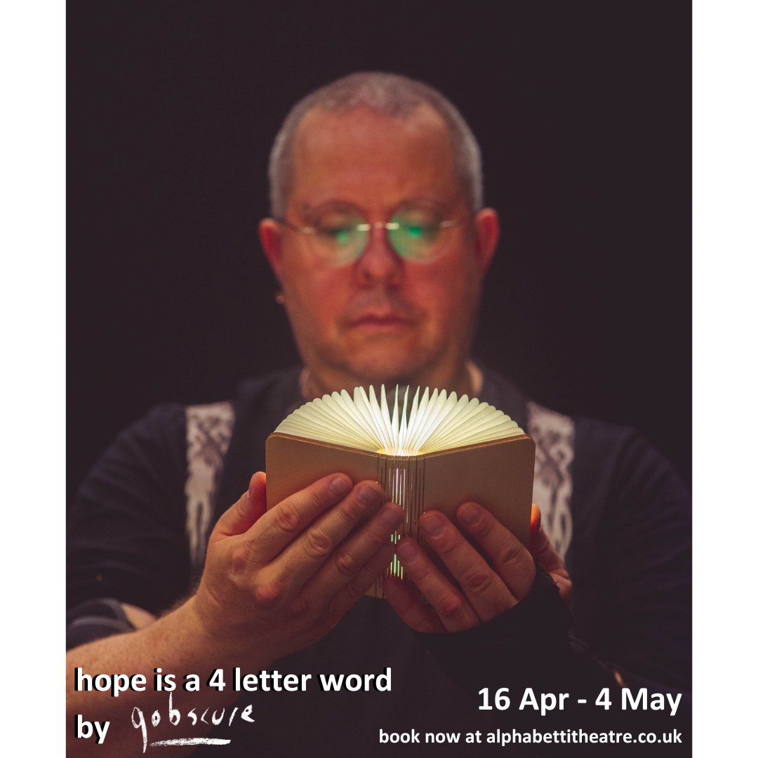 We are excited to bring creative genius gobscure's words to life in 'hope is a 4 letter word' Book tickets now: ow.ly/hkjn50QTeOv Image description: scarred, large, white person with short hair and glasses is holding what looks like an open book - it is actually a light.