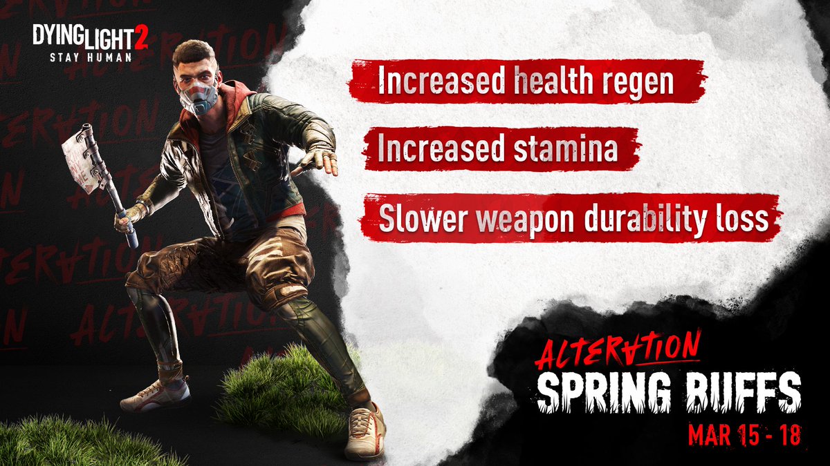 DyingLightGame's tweet photo. This weekend loose yourself with Spring Buffs alteration! 🌺
🌸 30% stamina usage reduction,
🌸 Health regeneration after dropping below 33%,
🌸 Slower weapon durability loss.

👉 https://t.co/R5rvEpO49K https://t.co/QRUV6MEimI