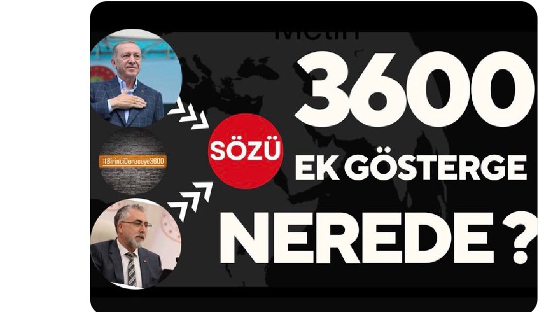 Cumhurbaşkanı <a href="/RTErdogan/">Recep Tayyip Erdoğan</a> açıkladı <a href="/vedatbilgn/">Vedat Bilgin</a> <a href="/isikhanvedat/">Prof. Dr. Vedat Işıkhan</a> hazır dedi <a href="/MhpTbmmGrubu/">MHP TBMM Grubu #MHP</a> ile yetkili <a href="/MemurSenKonf/">Memur-Sen</a> etkili <a href="/Kamu_Sen/">Türkiye Kamu-Sen</a> seçimden önce dedi Nerede 3600 Ek Gösterge
#BirinciDereceye3600 
<a href="/tcbestepe/">T.C. Cumhurbaşkanlığı</a> 
<a href="/dbdevletbahceli/">Devlet Bahçeli</a>
<a href="/tcbestepe/">T.C. Cumhurbaşkanlığı</a>
<a href="/avabdullahguler/">Abdullah Güler</a>
<a href="/erkanakcay45/">Erkan Akçay</a> <a href="/fahrettinaltun/">Fahrettin Altun</a>