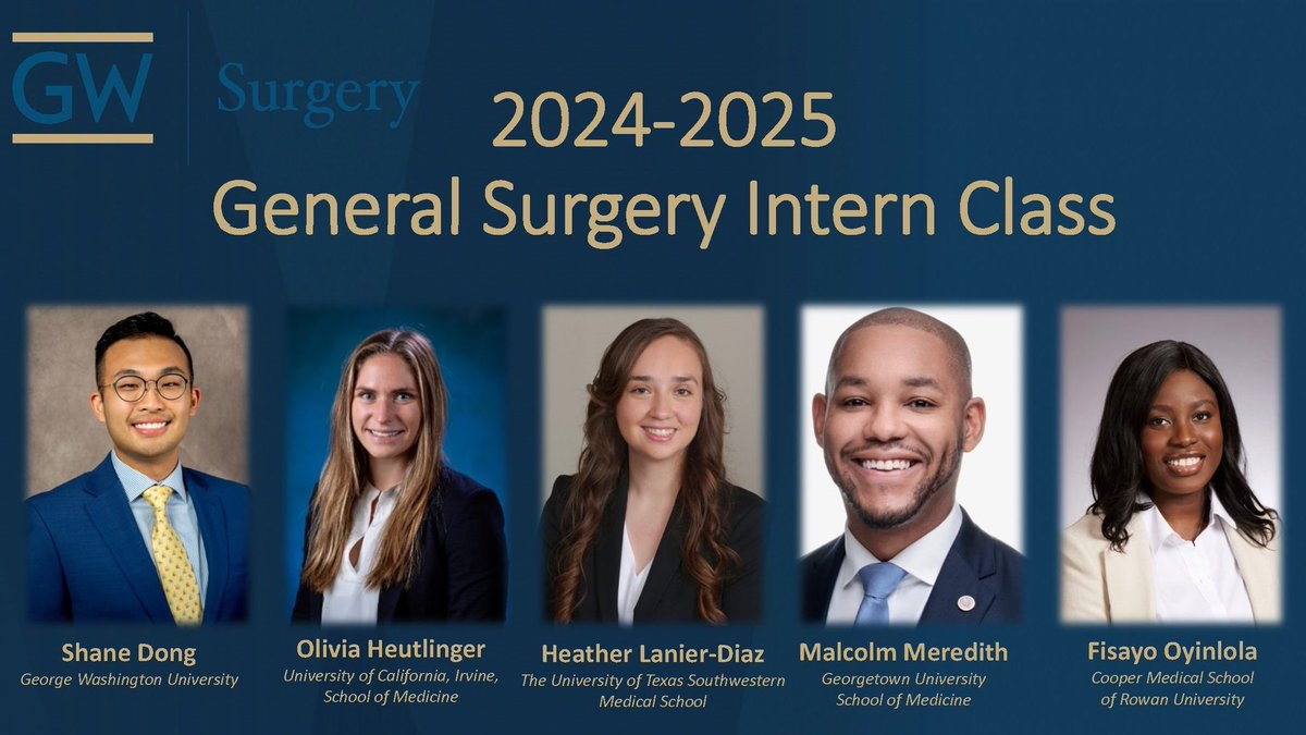 We are so excited 🥳 to WELCOME the newest members of our @GWSurgery family, our AMAZING categorical interns! We can’t wait for you to begin your surgical careers with us!! Meet Shane, Olivia, Heather, Malcolm, and Fisayo! #GWProud #InternSquad #MatchDay2024 #GenSurgMatch2024