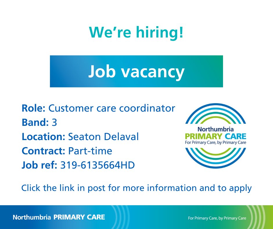We're hiring! We're looking for a part-time customer care coordinator to be based in our Seaton Delaval office. Click the link below for more 👇 northumbria.nhs.uk/join-us/vacanc…