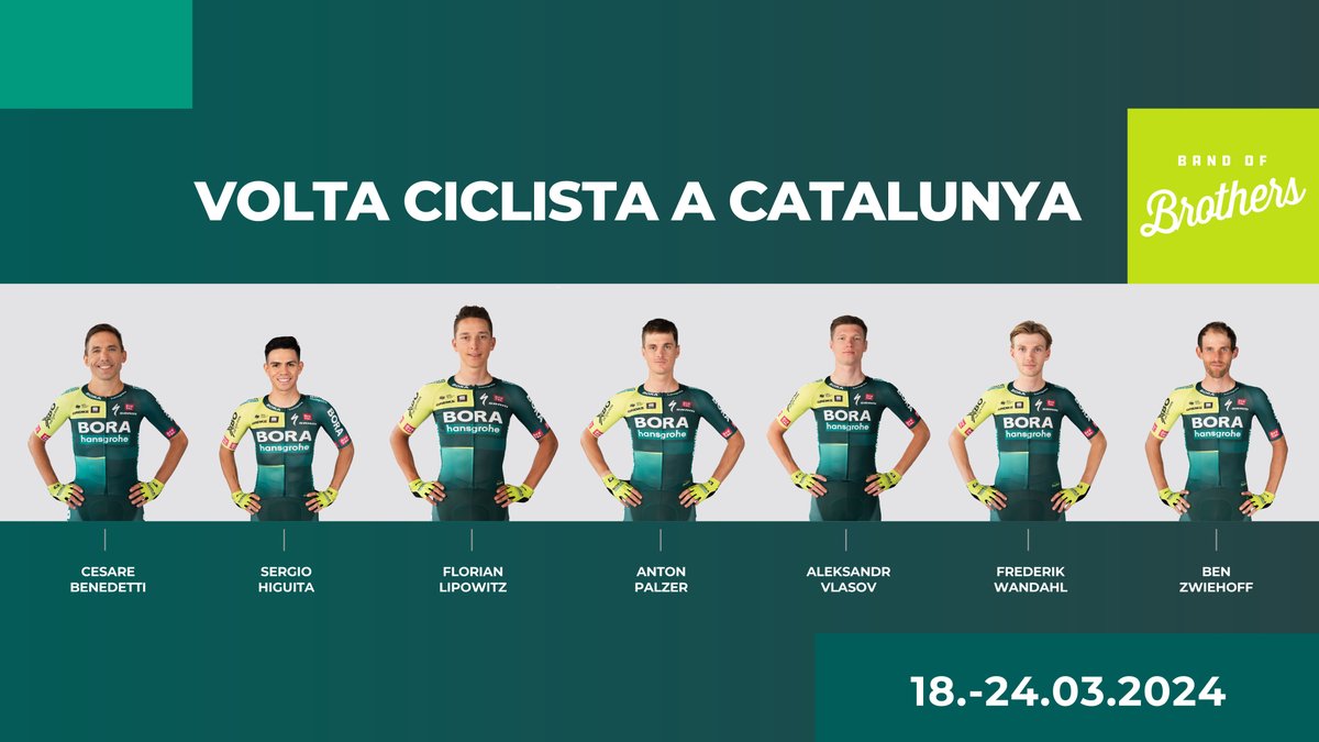 Next week racing in Catalonia is on the menu 🗓️
Let's cheer for this guys at the Volta Ciclista a Catalunya:

👉 Cesare Benedetti
👉 Sergio Higuita
👉 Florian Lipowitz
👉 Anton Palzer
👉 Aleksandr Vlasov
👉 Frederik Wandahl
👉 Ben Zwiehoff

#BORAhansgrohe #VoltaCatalunya