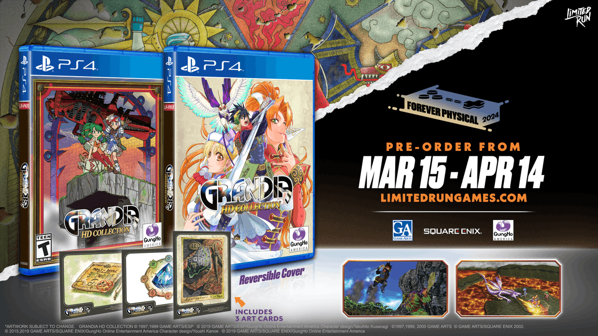 GungHo_America's tweet photo. Preorder the remastered GRANDIA HD Collection NOW via @LimitedRunGames!

Along with the physical copy of the game, this physical edition includes:

⭐ Reversible cover with exclusive art
⭐ Three (3) concept art cards 

Preorder here: https://t.co/F8MDwzdcgf https://t.co/qfktK97Nm8
