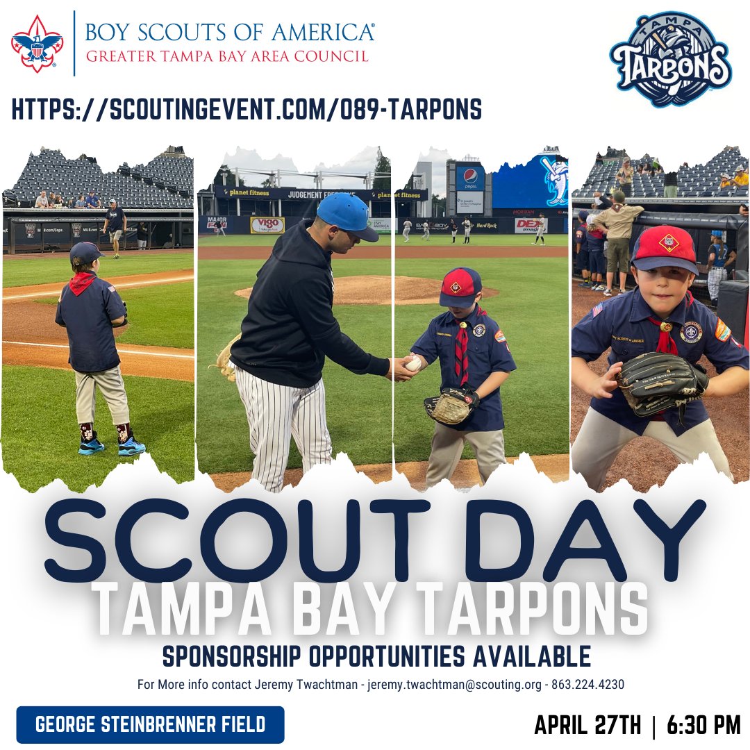 GTBACSCOUTS's tweet image. ⚾️ Batter up! Scouts, get ready for an exciting day at the ballpark with the Tampa Tarpons on April 27th. It's more than just a game; it's an adventure! Details here: scoutingevent.com/089-tarpons #ScoutDay #TampaTarpons #ScoutingAdventure