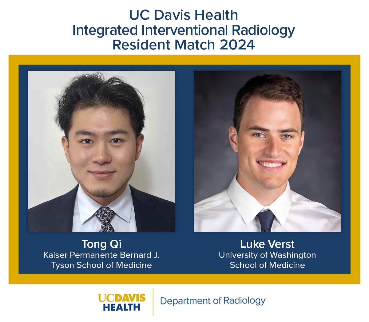 Congratulations to our 2 incoming IR residents, Tong Qi (Kaiser) and Luke Verst (University of Washington). Welcome to UC Davis VIR! @SIRspecialists @UCDavisHealth @UCDRadiology @UCDRadRes