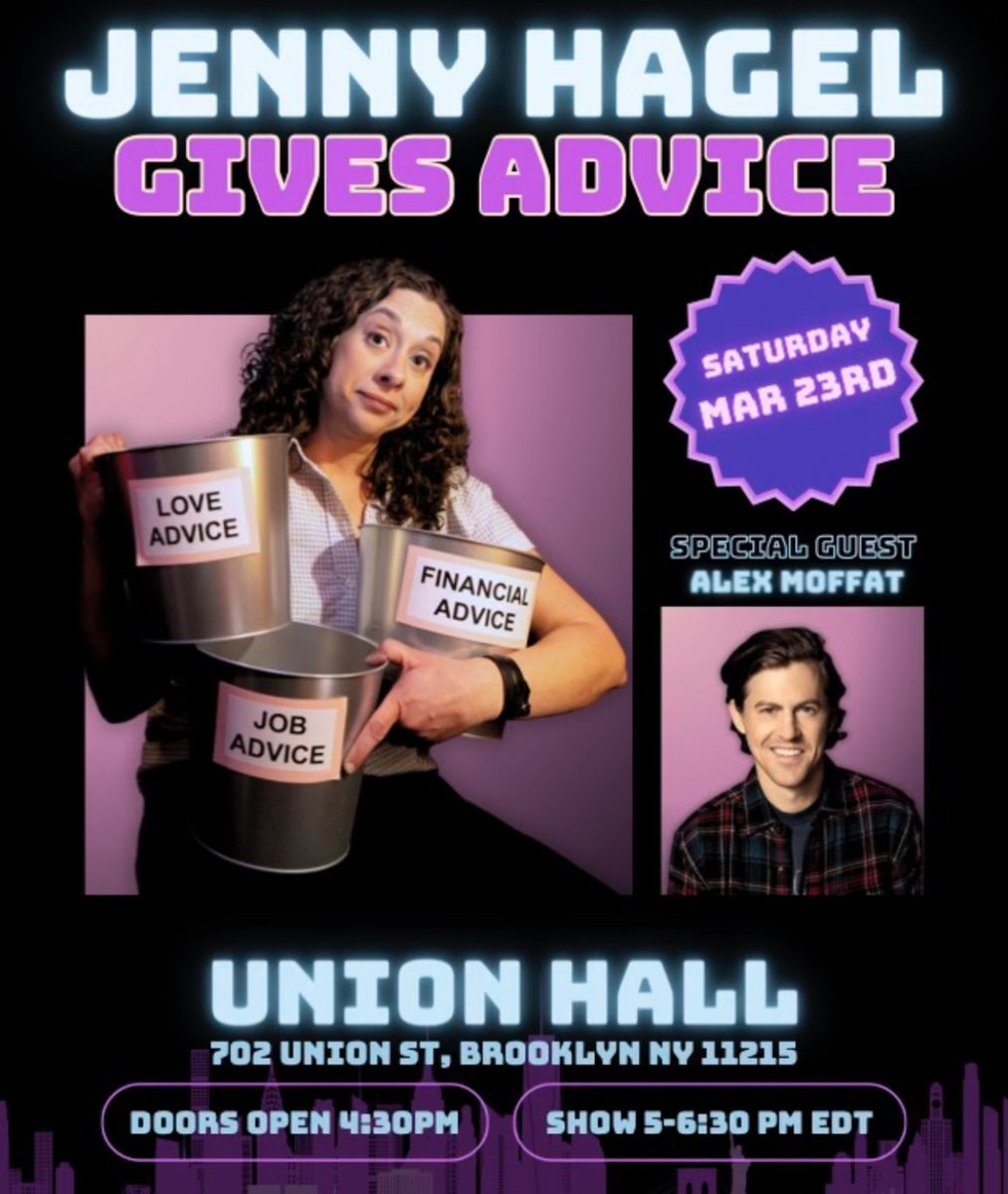 SAT 3/23: Jenny Hagel Gives Advice Emmy-nominated writer/performer for Late Night with Seth Meyers, @jennyhagel loves two things: performing comedy and telling people what to do--and in this show, she'll get to do both! Featuring #AlexMoffat (SNL)! 🎟️: tinyurl.com/23c8jznj