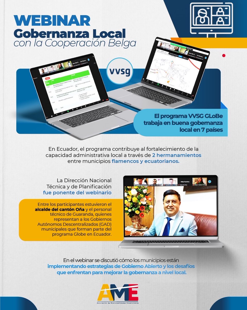 AMEcuador's tweet photo. #AME en Gobernanza Local con la Cooperación Belga

Con la presencia del alcalde del cantón #Oña, Eddy Erráez y personal técnico del @GADGuaranda, quienes forman parte del programa Globe en 🇪🇨, se trató:

🟡Estrategias de gobierno abierto y retos para mejorar la gobernanza local. https://t.co/isxjjvFVZr