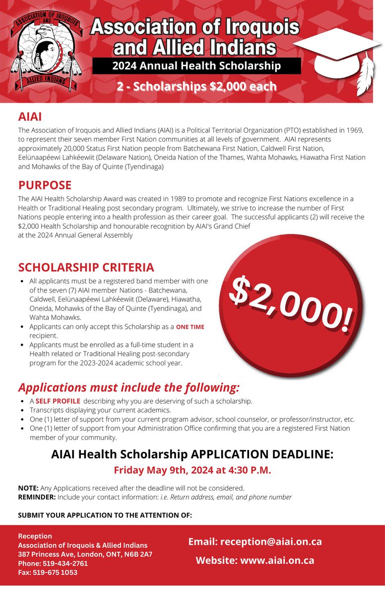 AIAI (@aiai_comms) on Twitter photo Health #Scholarship for those within AIAI member Nations to apply for.
<a href="/ChiefsofOntario/">Chiefs of Ontario</a> Health #Scholarship for those within AIAI member Nations to apply for.
<a href="/ChiefsofOntario/">Chiefs of Ontario</a>