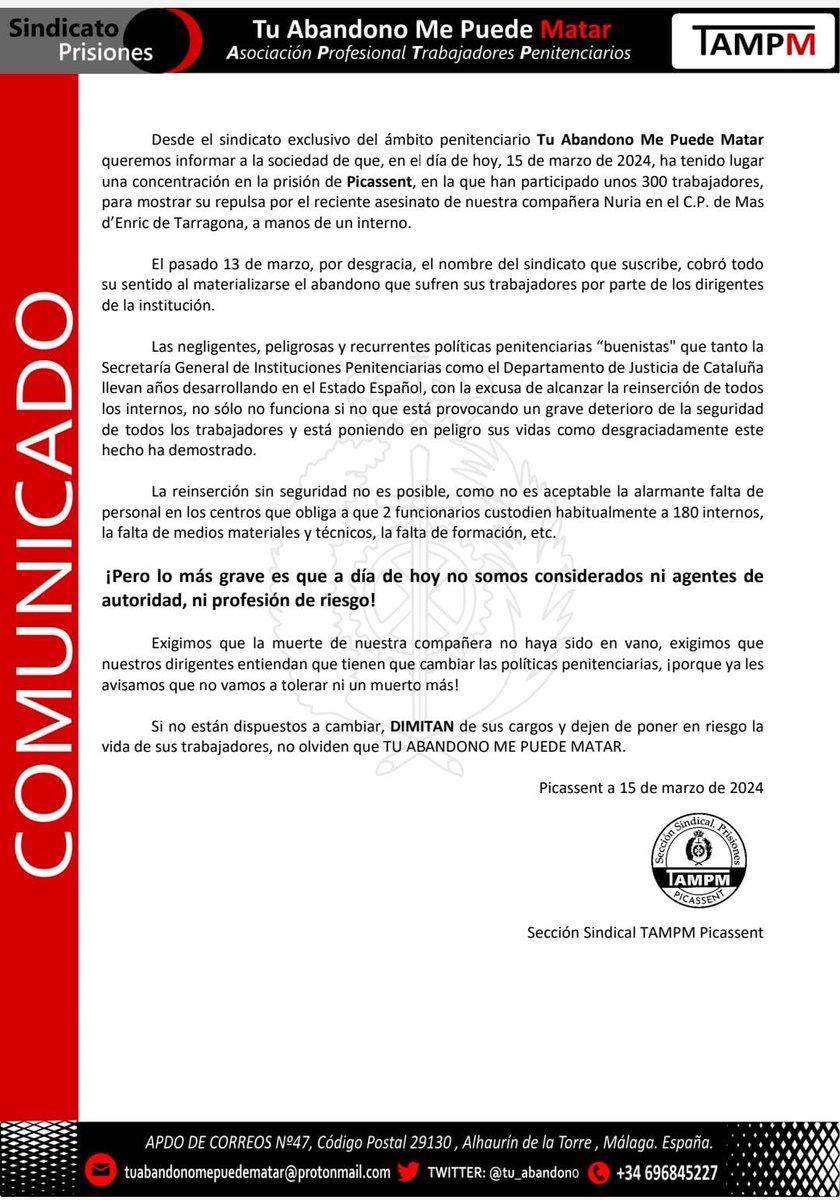 Tampm_Picassent's tweet photo. 🗣️Concentración en CP Picassent 
👉🏼Rendimos homenaje a NURIA: 👉🏼Exigimos el fin de políticas de reinserción erráticas q arriesgan la vida de los trabajadores.

🗣️Denunciamos que el abandono de @interiorgob @IIPPGob @justiciacat ya tiene un coste insoportable
#SOSPRISIONES
#TAMPM https://t.co/omdIAMuFJB