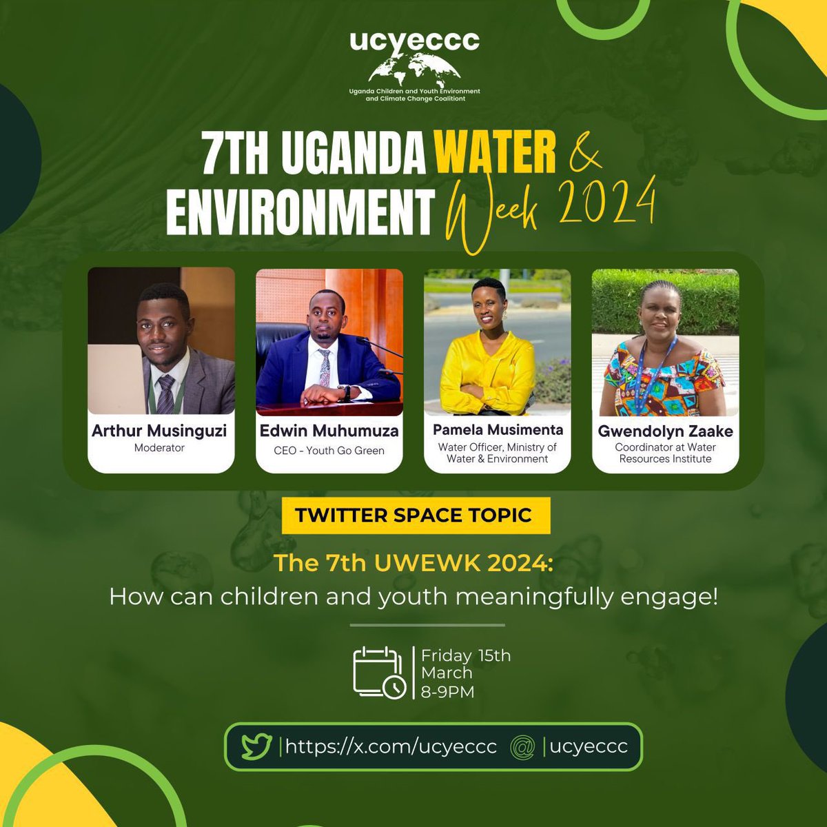 I'm excited to hear from @EdwinMuhumuzaB, the CEO @youthgogreen, @NkunsiPamela, a Water Engineer at @min_waterUg and @GKyoburungi from @WRIUga. As they share insights on what Uganda’s Water & Environment Week is all about in today's Twitter space from 8:00-9:00 PM. #UWEWK2024
