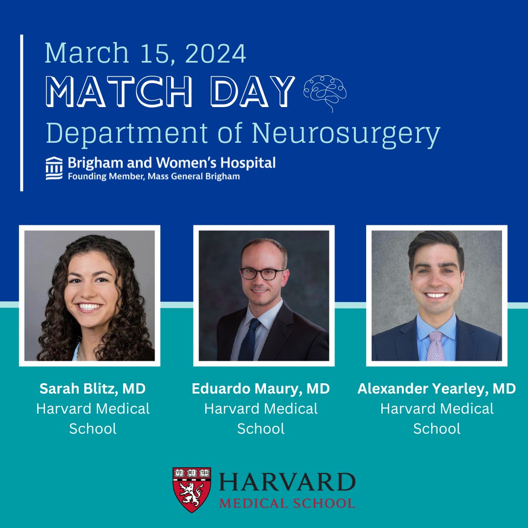 BWH Neurosurgery is excited to announce Sarah Blitz, MD, Eduardo Maury, MD, and Alexander Yearley, MD, as our 2024 Match Results. Welcome to our residency program! #Match2024 #BWH #Neurosurgery #Residency #HMS