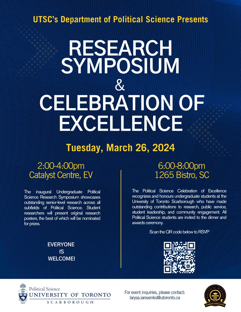Join us on March 26 for a day of stimulating and enriching events to celebrate our students' academic excellence!
We are thrilled to announce the inaugural Political Science Research Symposium and the Political Science Celebration of Excellence. 
 bit.ly/3TAxffq