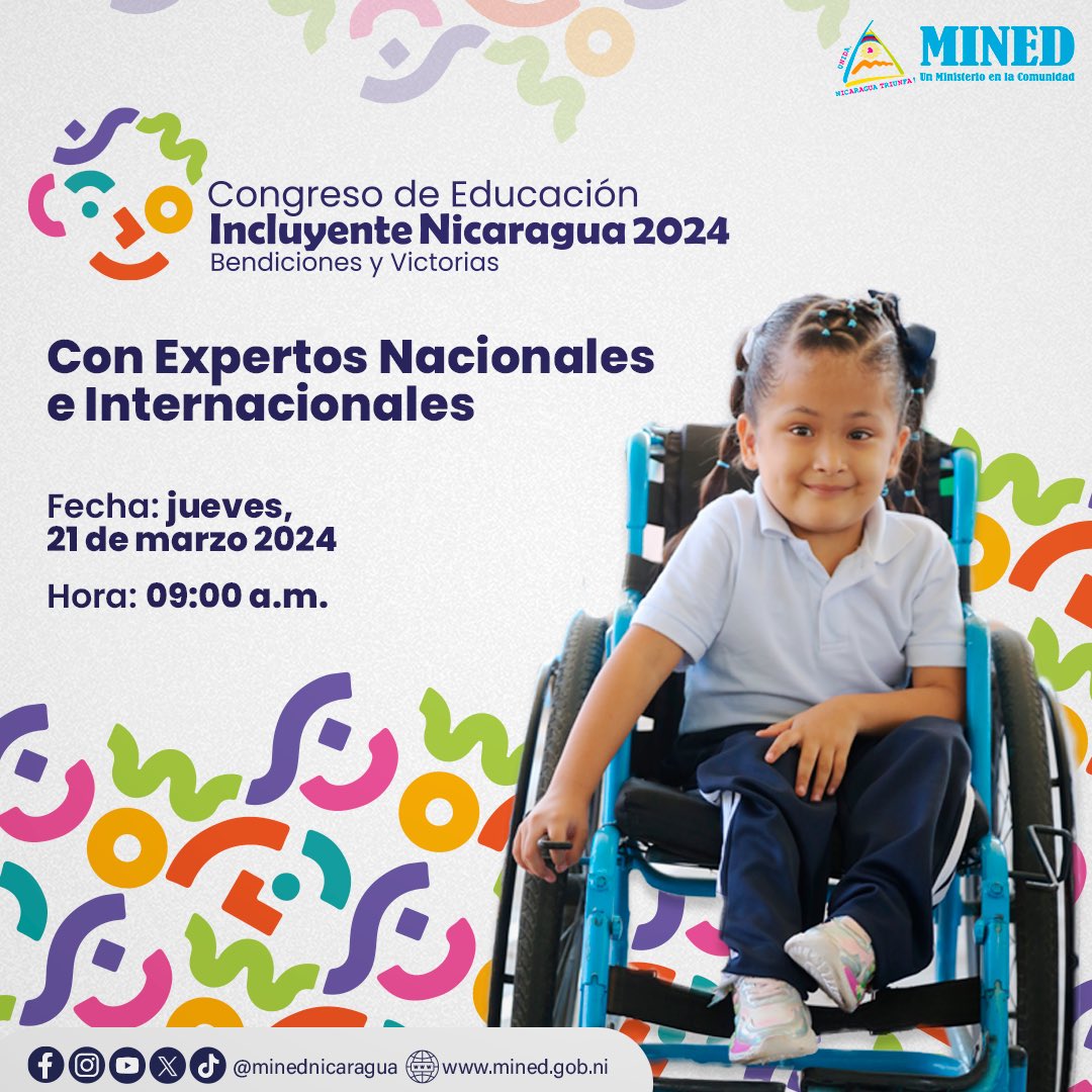 Congreso de Educación Incluyente, Nicaragua 2024 ¡Bendiciones y Victorias! 💜💚💛👨🏻‍🦯‍➡️👩🏻‍🦽

🗓️ Jueves, 21 de marzo 2024.
🕡 9:00 a.m.