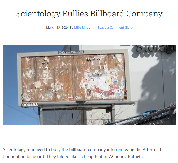 MikeRinder's tweet photo. The #scientology bullying continues. The @AftermathFdn billboard was taken down after @ccoutdoor folded like a cheap tent. Shame on them. Scientology claims they are champions of free speech. And that anyone is "free to leave." Both blatant lies.
https://t.co/fS7k1VMvPM https://t.co/B24REtRxA8
