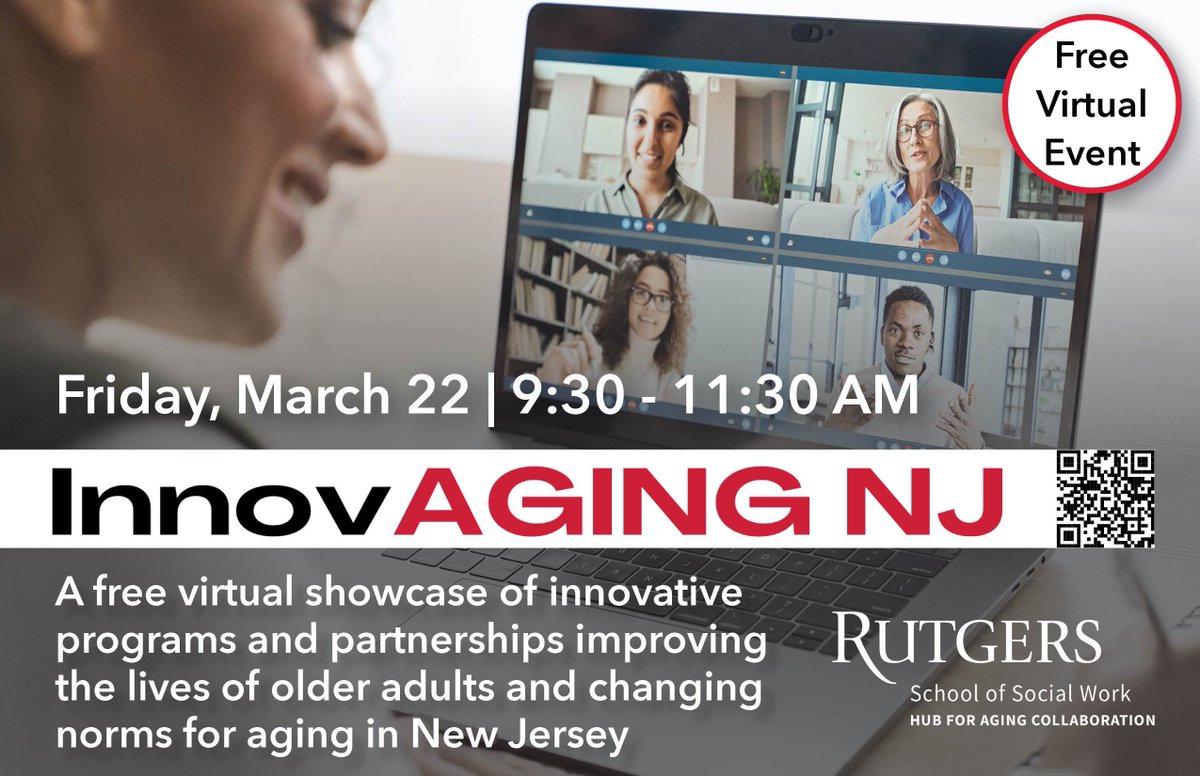 RUagingcollab's tweet photo. Our inaugural #InnovAGING NJ Summit is one week away! This free, virtual event is a showcase of innovative programs and partnerships that are changing norms for aging and improving the lives of #olderadults in #NewJersey. Register today: https://t.co/4ShZtJfGcI. @RutgersSSW https://t.co/siPT8qlnzV