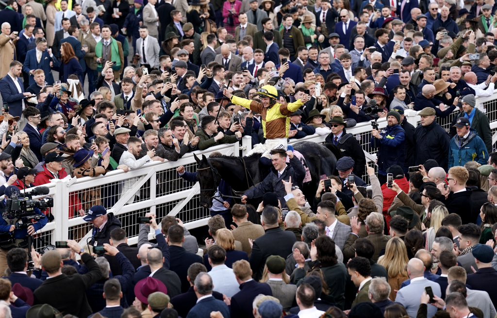 Paul Townend celebrates aboard Galopin Des Champs after winning the Boodles Cheltenham Gold Cup Steeple Chase on day four of the 2024 Cheltenham Festival at Cheltenham Racecourse