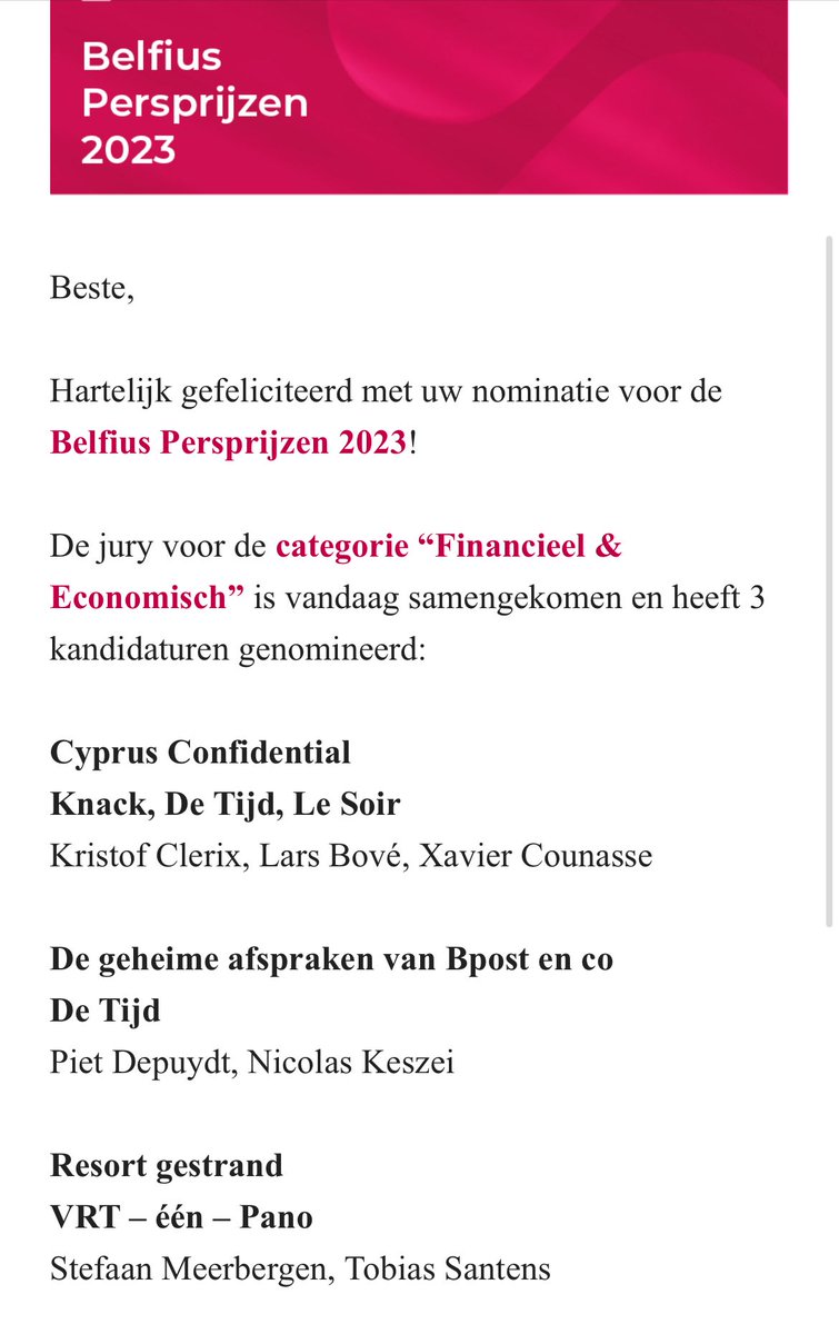 Nice! Our #CyprusConfidential investigation (@knack @tijd @lesoir @ICIJorg) has been nominated for the Belfius press prize :) Congratz also to the other nominees from @tijd and @vrtpano