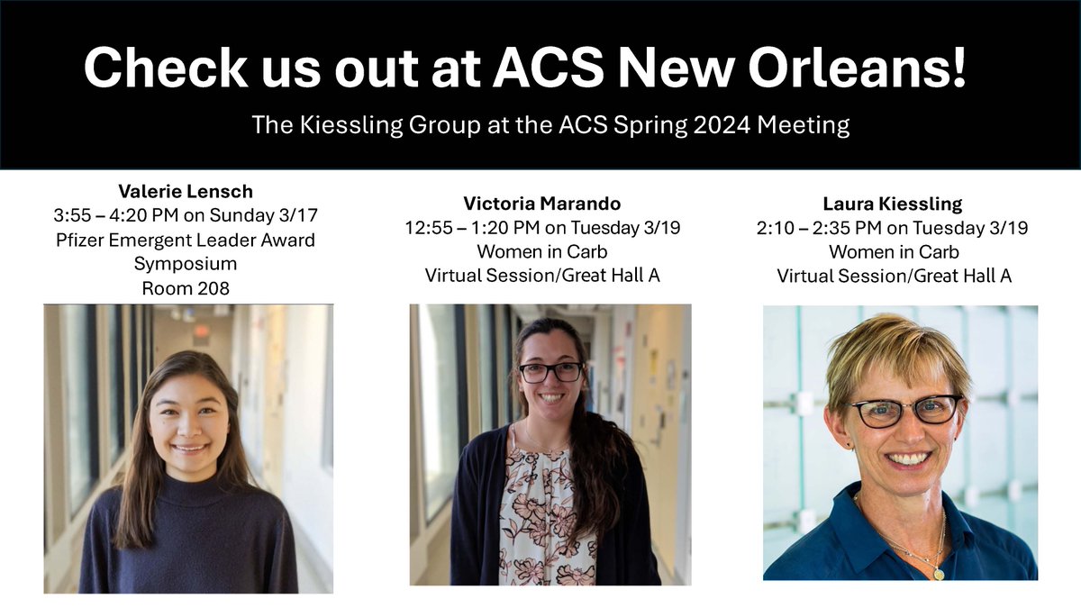 Kiessling Group (@kiesslinggroup) on Twitter photo Headed to New Orleans for #ACSSpring2024? Be sure to catch presentations from our group: Valerie will be presenting on Sunday at 3:55 PM and <a href="/vicmarando/">Victoria Marando</a> and <a href="/ChemicalBiology/">Laura Kiessling</a> on Tuesday at 12:55 and 2:10 PM Headed to New Orleans for #ACSSpring2024? Be sure to catch presentations from our group: Valerie will be presenting on Sunday at 3:55 PM and <a href="/vicmarando/">Victoria Marando</a> and <a href="/ChemicalBiology/">Laura Kiessling</a> on Tuesday at 12:55 and 2:10 PM