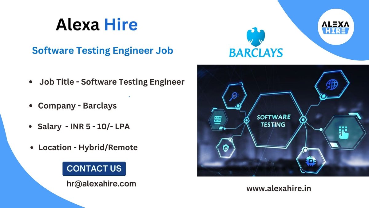 alexahirejob's tweet photo. Software Testing Engineer at Barclays| Apply Right Now
#ApplyNow - https://t.co/kKhOI1s9zX
#workfromhome #jobforyou #jobforfreshers #jobforfresher #jobsearch #jobsearching #jobopportunity #Freshers #freshersvacancy #fresherscareer #fresher #jobopportunities #jobopening https://t.co/H1PrZrdDCF