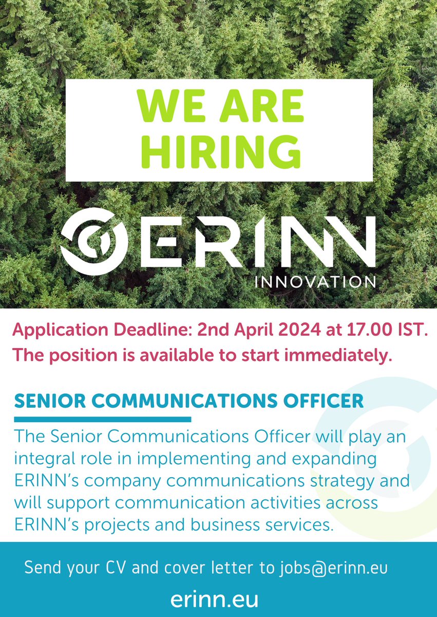 We are hiring a Senior Communications Officer (SCO). Full time role, 2 year contract with potential for renewal. 

Applications close 2 April at 17:00 IST
lnkd.in/dYzywT9S

#jobfairy #irishjobfairy #jobalert #scicomm