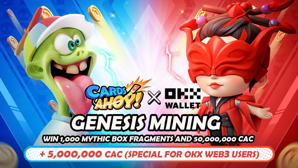 cardsahoygame's tweet image. Ahoy! 💥🚀

It's officially announced that:

There will be a collaboration with OKX Wallet @okxweb3 (one of the most popular Web3 products) for a special Giveaway, with an additional 5 million CAC added to the Genesis Mining event prize pool.

How to participate:
Join the Cards…