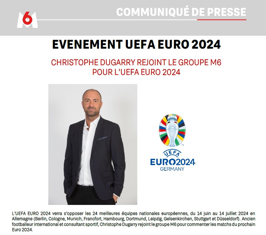 #Evenement #UEFAEURO2024 ⚽️ Christophe Dugarry rejoint le Groupe M6 pour l’UEFA Euro 2024 ⚽️ Aux côtés de @XavierDomergue, il commentera l’ensemble des 13 plus belles affiches de la compétition !