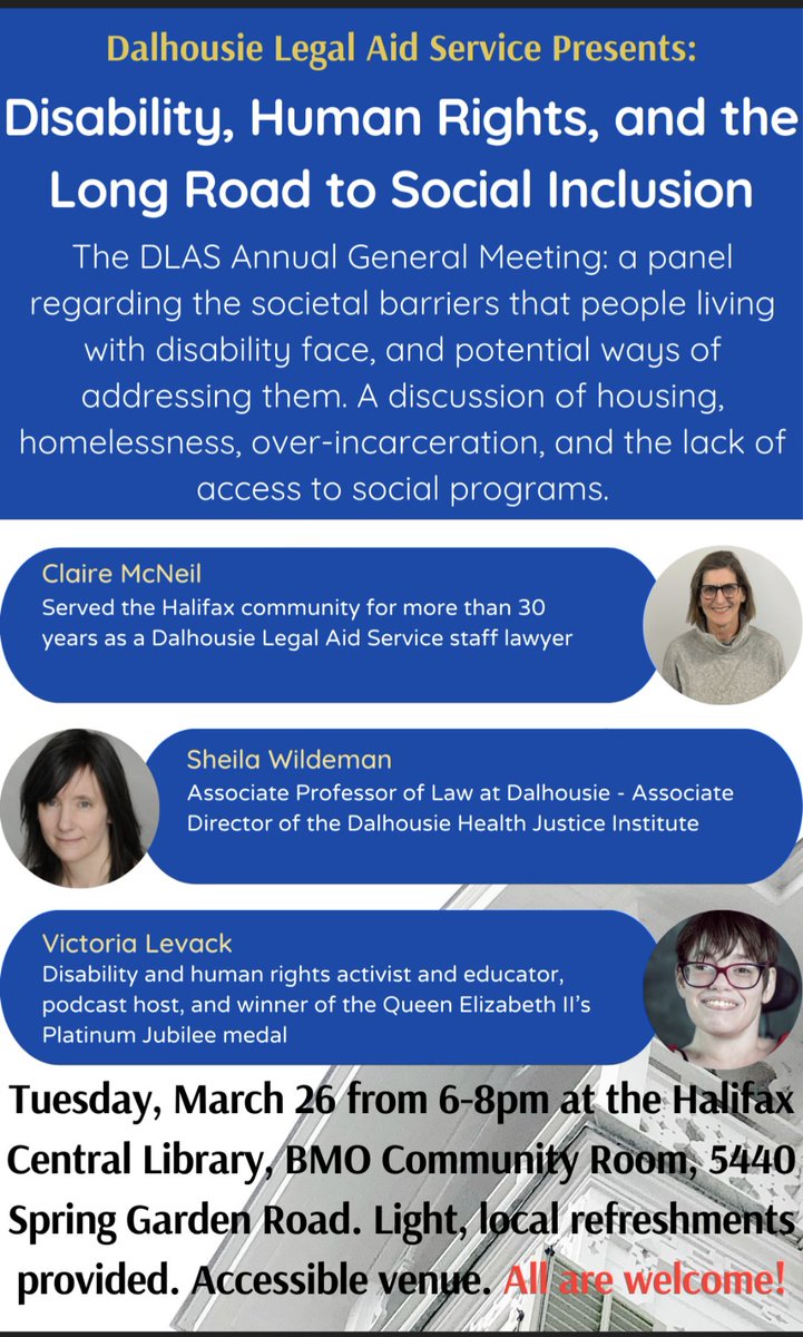 Join us on March 26th at @hfxpublib for a discussion on social inclusion. @SchulichLaw @DalhousieU @RightsNova