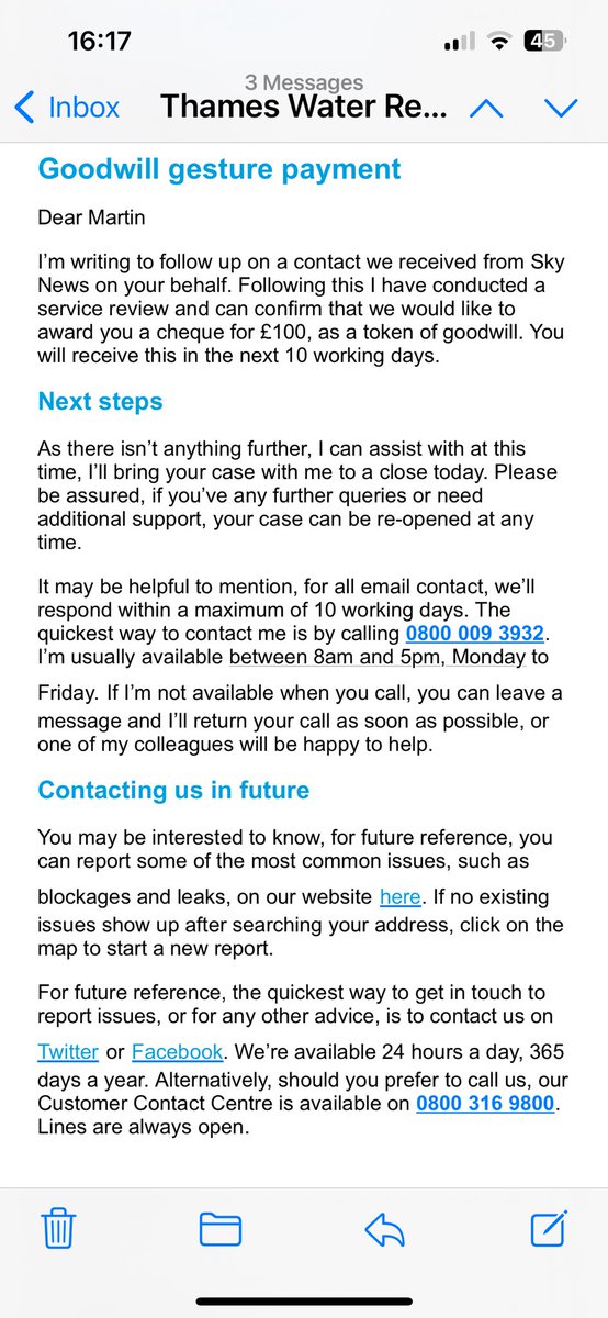 <a href="/thameswater/">Thames Water 💧</a> And the latest update. Now I’ve been featured on Sky News I get this email. As if £100 is going to compensate for the 4x recent spills? or is this a “goodwill gesture” because you are now being shamed on TV.