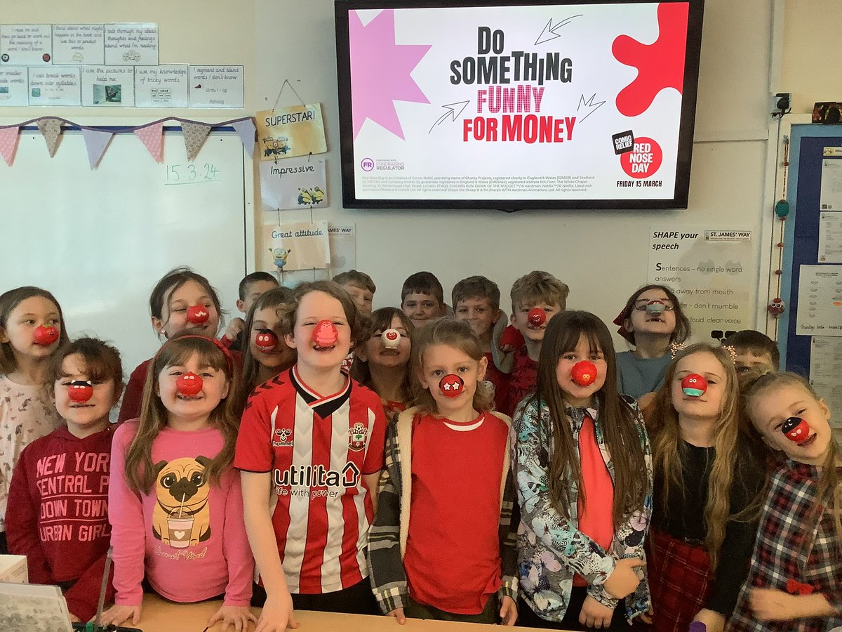 Armstrong class came to school ‘Red-to-Toe’ to help support #RedNoseDay2024 <a href="/comicreliefsch/">Comic Relief Schools</a> #flourish🌱 #stjamesway