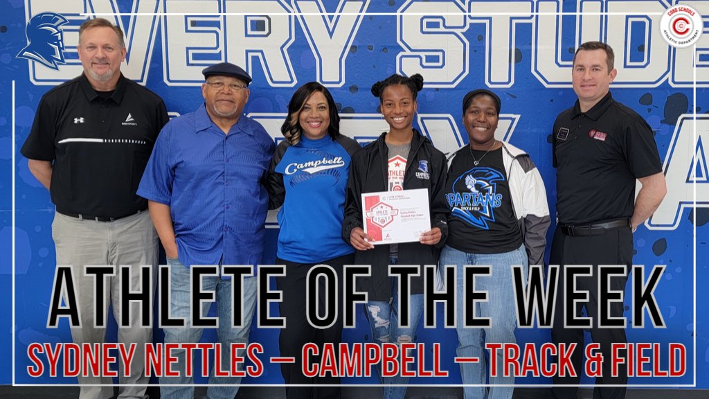 Congrats to Sydney Nettles of @sparta_sports for being named the @CobbSchools female athlete of the week! She recently placed 1st in three events and is now ranked nationally and in 3rd in the state! Thanks to @BSNSPORTS_GA for their support of this recognition. @cobb_sports