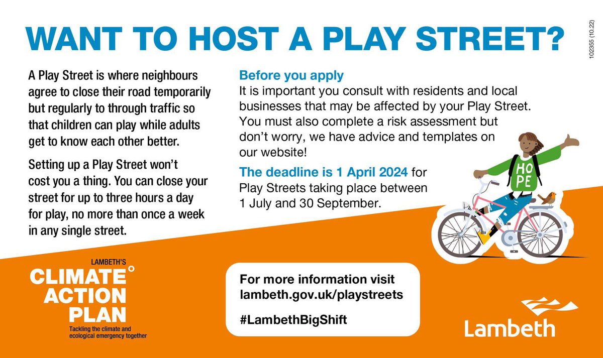 🎉 Calling all Lambeth residents! Don’t miss out on the chance to host a Play Street this summer! Apply by April 1, 2024, for events between July 1 - September 30. It’s free and fun! Let’s reclaim our streets for play and community 🏃‍♂️🤸‍♀️ #LambethBigShift