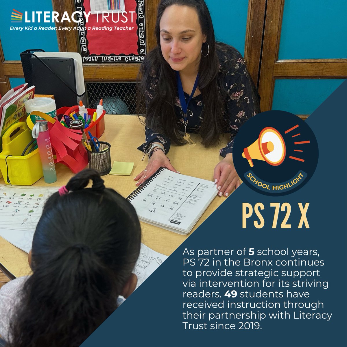 LiteracyTrustNY's tweet photo. #FridayShoutout to the hardworking reading intervention team at PS 72 in the Bronx! Program Coordinator Ms. Kolt has taken joy in displaying students' progress in reading benchmarks via these awesome boards. #StudentSuccess #FriYay #SchoolSpotlight #Bronx @PS72X @kukic72 https://t.co/r8af1Qnw4j
