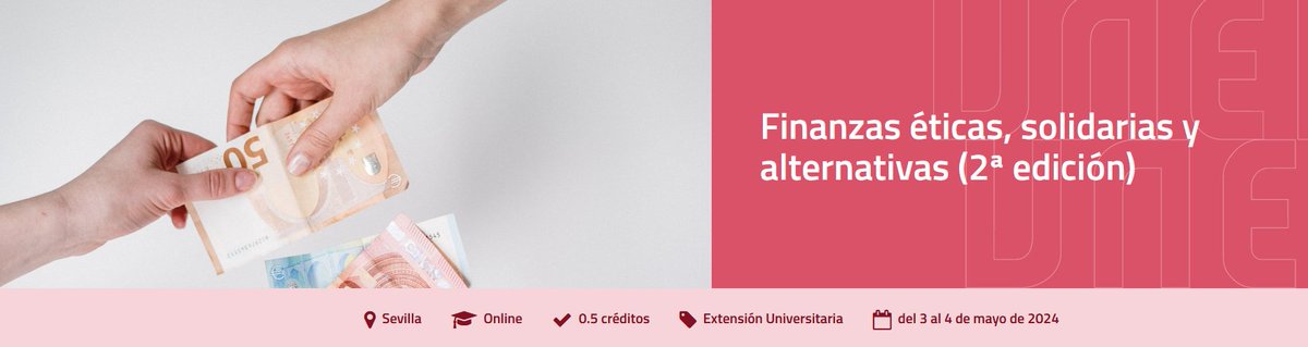 Curso de Finanzas éticas, solidarias y alternativas (2ª ed.). Organizado por la @UNED y la Mesa de Finanzas Éticas de Andalucía. Participan @coop_57 @fonredess @FiareBEAndOcc @Seryes_corredor @economia_social @OikocreditS @ucauce 3 y 4 de mayo. Online. extension.uned.es/actividad/3597…