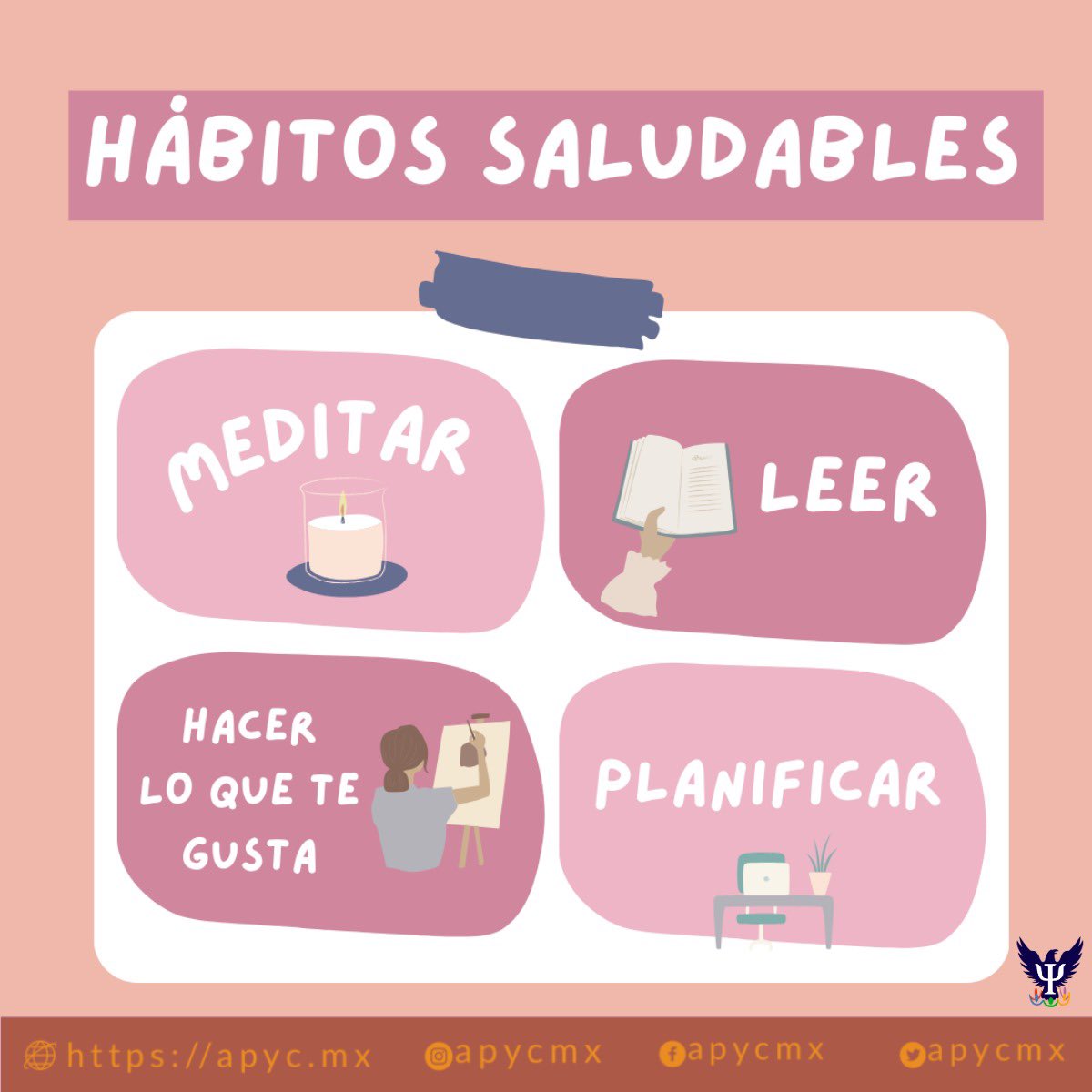 apycmx's tweet photo. Hábito saludables para tener una mente saludable ¿cuál otro agregarías? 

Agenda una cita psicológica con nosotros!
📧: contacto@apyc.mx
📲: 5583260910
🌐https://t.co/HsLwuoAdOR https://t.co/XlSLvfhxQm