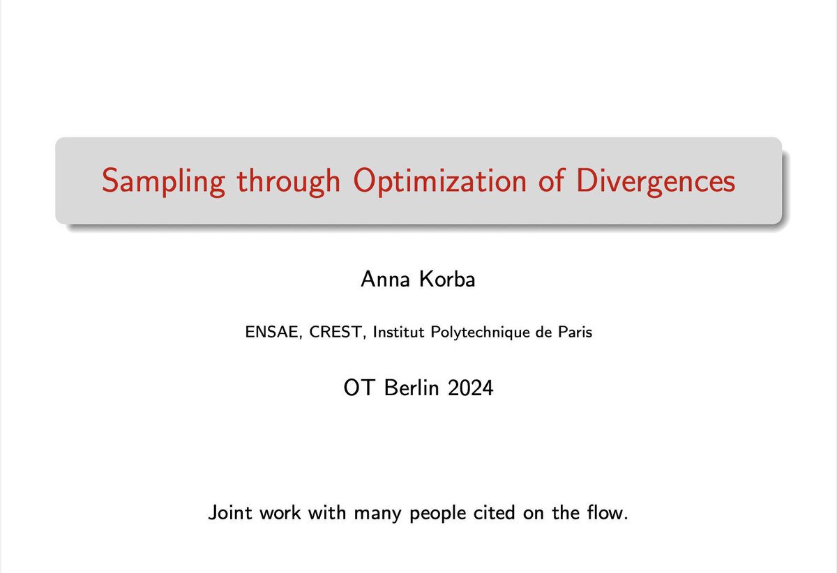 __jzhu__'s tweet photo. https://t.co/5aIO3js4Pm
Anna Korba (ENSAE &amp; CREST, Palaiseau, France)
Sampling through Optimization of Discrepancies
@Korba_Anna https://t.co/elqXoBx00Q