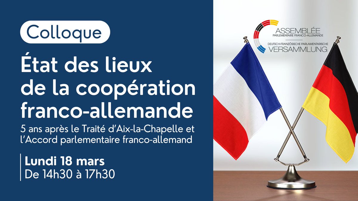 AssembleeNat's tweet photo. 🇫🇷🇩🇪 État des lieux de la coopération franco-allemande

Rendez-vous lundi à 14h30 pour un colloque organisé à l'occasion du 5e anniversaire de l’Assemblée parlementaire franco-allemande (#APFA) !
💻 À suivre en direct sur notre portail vidéos : https://t.co/09UoHSJJ4h
#DirectAN https://t.co/BVPNt6Ht2d