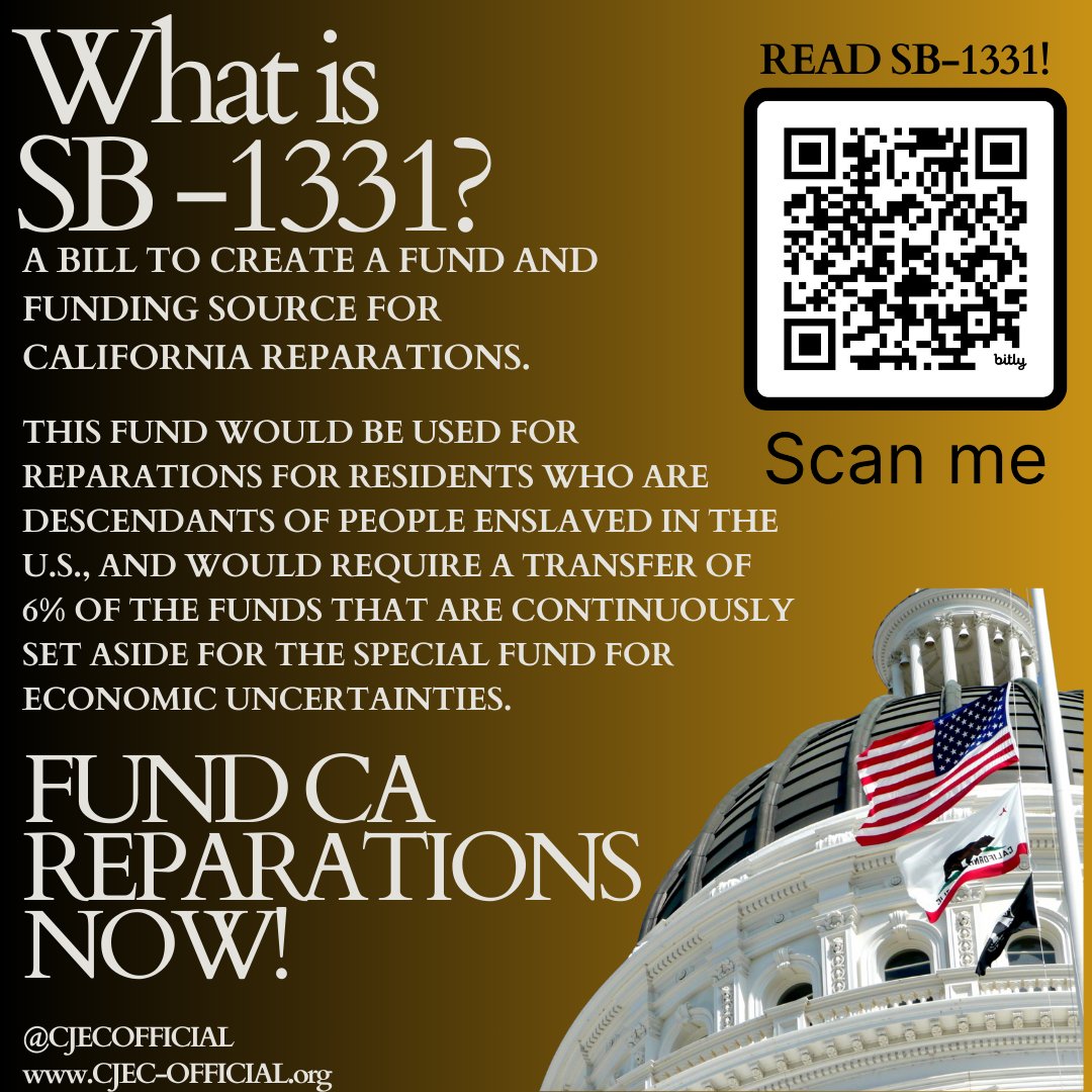 Reparations in California must be FUNDED! Our state spends almost a quarter of a TRILLION dollars EVERY year. So paying Reparations must be prioritized in our state budget. Period.
 
SB1331 would create a Reparations Fund in our State Treasury and require 6% of funds from the