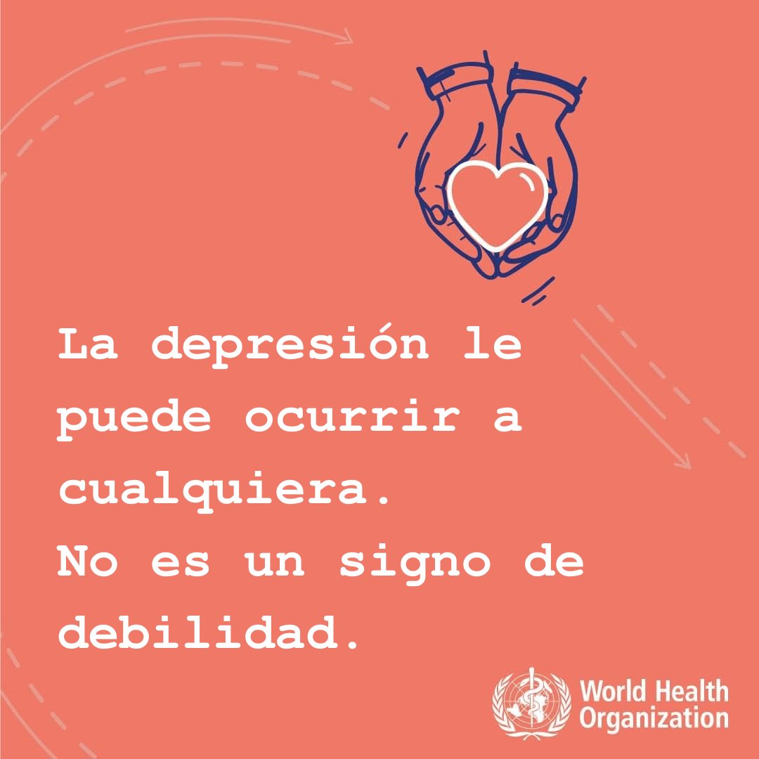 La depresión le puede suceder a cualquiera.

No es un signo de debilidad, es una enfermedad y tiene tratamiento.

Acabemos con el estigma que impide que las personas busquen ayuda. who.int/es/news-room/f…