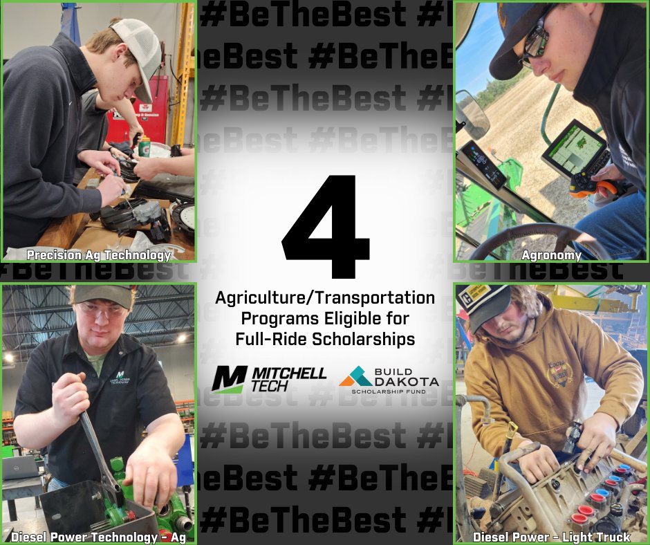 #MitchellTech offers four @Build Dakota -eligible pathways to a career in agriculture & transportation. Apply to the program of your choice now, and you could be eligible for a full-ride scholarship! mitchelltech.edu/apply #BeTheBest #MTCAgronomy #MTCDieselPower #MTCPrecisionAg