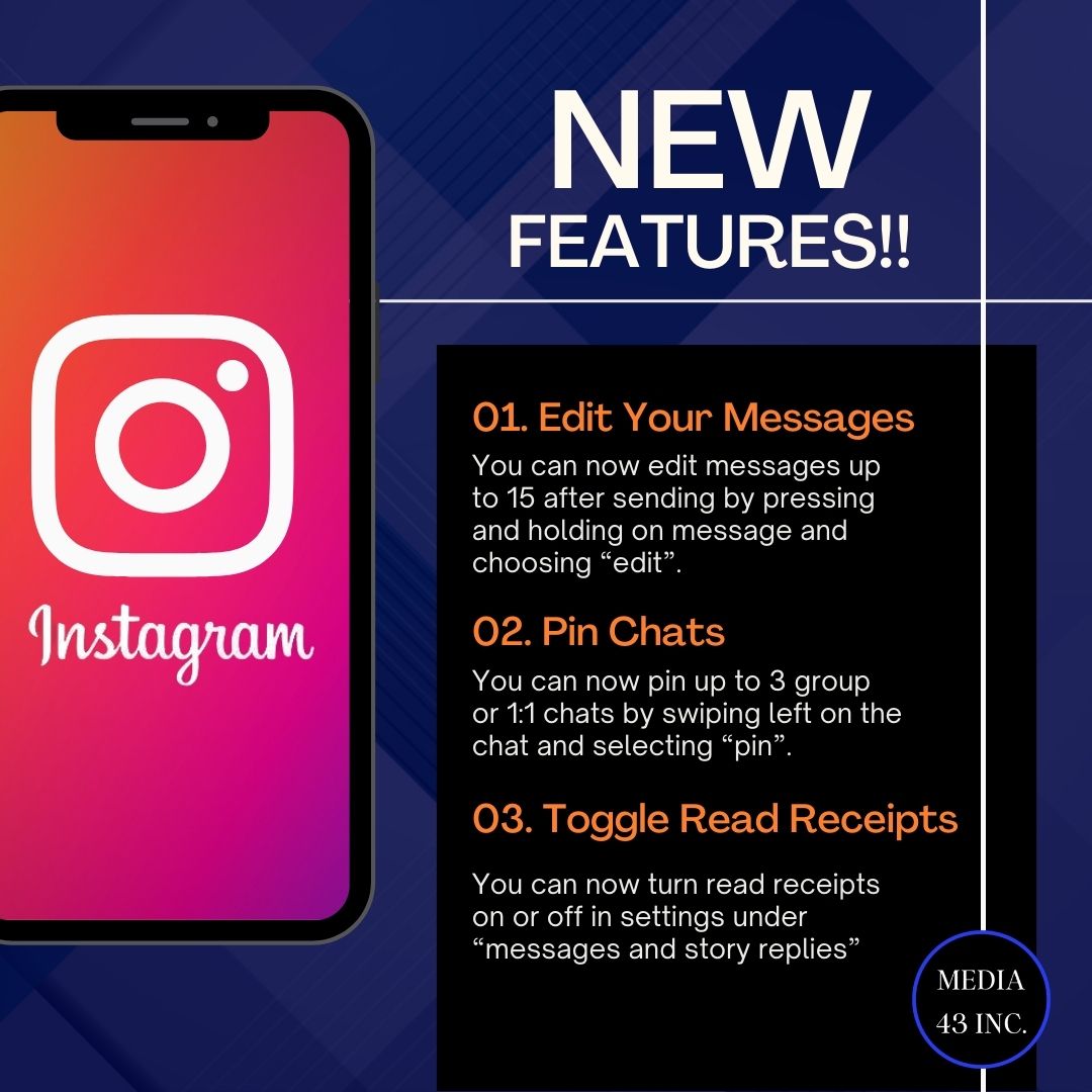 Did you know Instagram released new messaging features recently? Which are you most excited for?!

media43.com

#instagram #instagramfeatures #socialmedia #socialmediamanager #digitalmarketing #Media43Inc