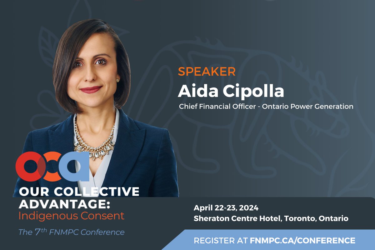 On Day 2 of the #FNMPC2024 Conference, join Aida Cipolla, CFO of @opg in a panel discussion focused on the role of Indigenous ownership in Small Modular Reactors (#SMR) and the impacts to driving Canada’s low-carbon energy supply transition. Register at: fnmpc.ca/conference