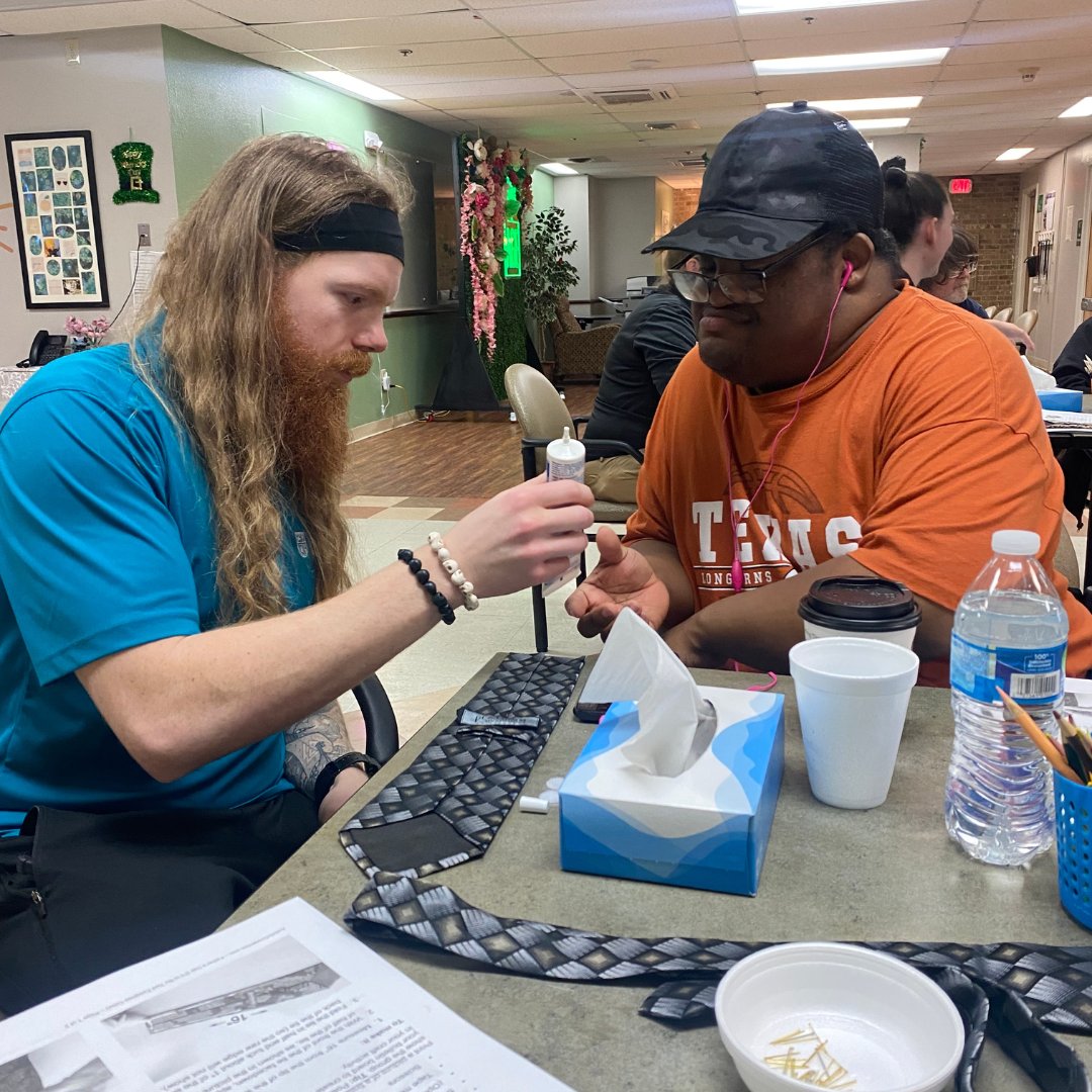 Thank you, <a href="/uofstaug/">Univ of St Augustine for Health Sciences</a> volunteers! These terrific volunteers spent the afternoon making pouches for glasses out of neckties with our Thrive Center members - how fun! The members deeply enjoyed spending quality time with the volunteers and getting to know one another.