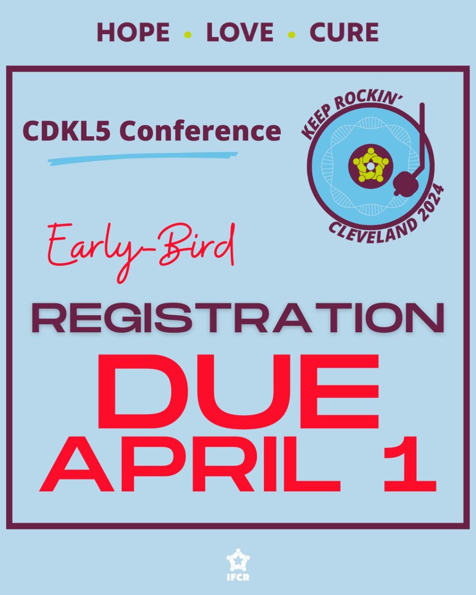 📣Early-bird registration is DUE APRIL 1! We hope you will join us for our 6th International #CDKL5 Family Education and Awareness Conference! When: June 13-15, 2024 Where: Cleveland (Akron), Ohio Learn more about our event: cdkl5.com/conference