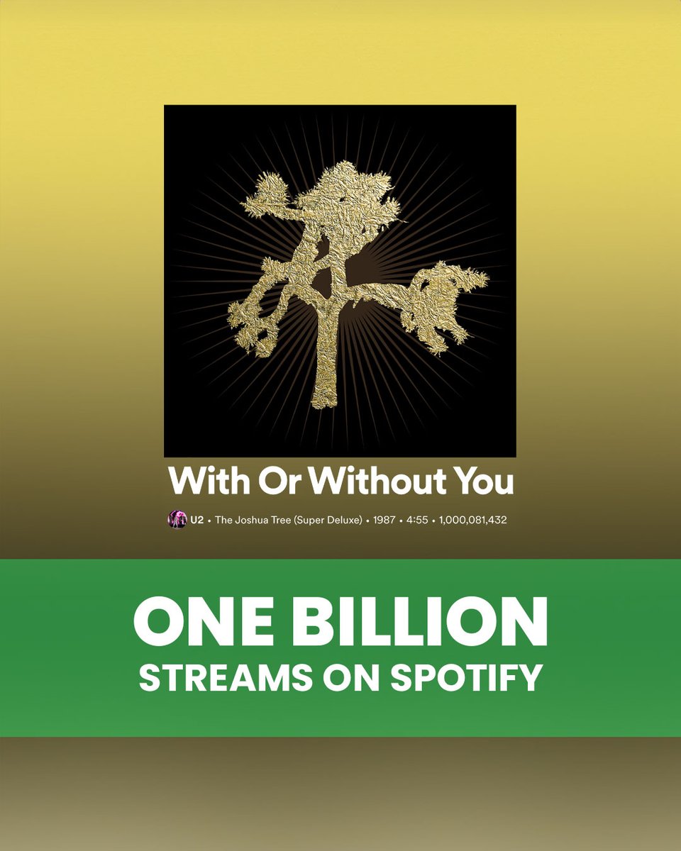 Today, March 15, 2024, @U2 can claim it has a song on #Spotify with over ONE BILLION streams #WithOrWithoutYou reached 1,000,081,432 streams today: open.spotify.com/track/6ADSaE87… The next song in line? #IStillHaventFoundWhatImLookingFor, with 676,266,010 streams