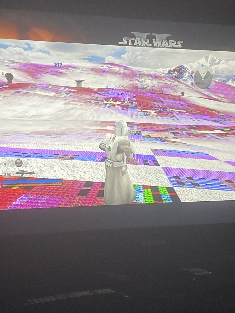 WildFireVance's tweet photo. Doubt anyone will see this. Doubt anyone will care since no one is playing it. But I went through an entire hoth battle in #StarWarsBattlefrontClassicCollection session that looked like this. Do not buy this game. @AspyrMedia did you even playtest this? https://t.co/6MMFDcLB1B