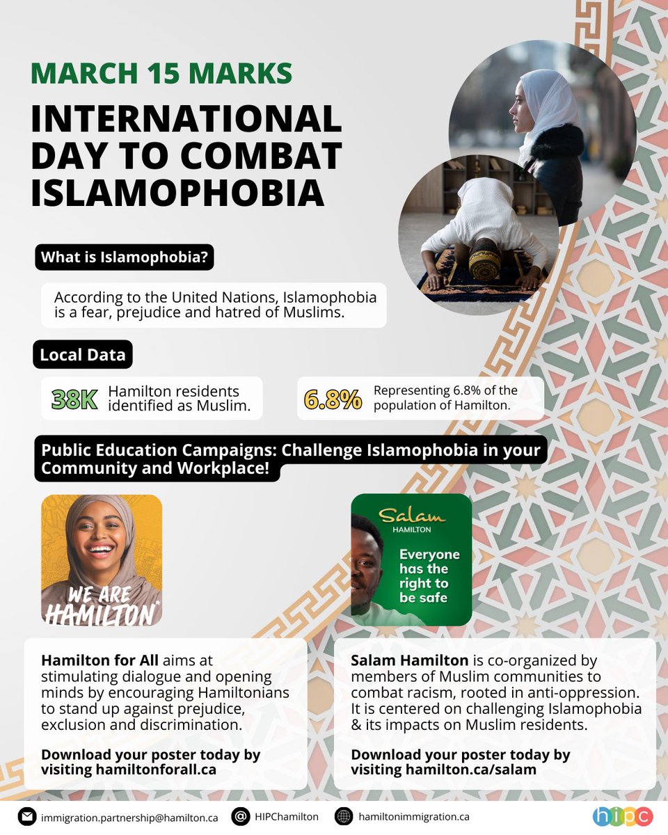 Today is the International Day to Combat Islamophobia. We are called to stand against Islamophobic hatred & violence against Muslims. Did you know? There are 2 public education campaigns (#HamiltonForAll & #SalamHamilton) that are aimed at combatting prejudice & racism.