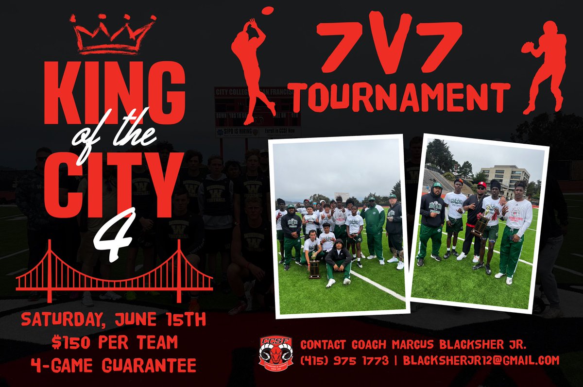 Show up and show out 🗣️
Register for the 4th annual KOTC 7v7 Tournament 🏈 

Contact Coach Blacksher (info in picture) to sign up 📄

#NoPlaceLikeCity | 🐏