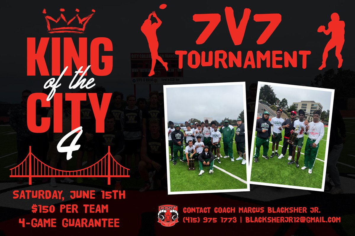 Show up and show out 🗣️ Register for the 4th annual KOTC 7v7 Tournament 🏈 Contact Coach Blacksher (info in picture) to sign up 📄 #NoPlaceLikeCity | 🐏