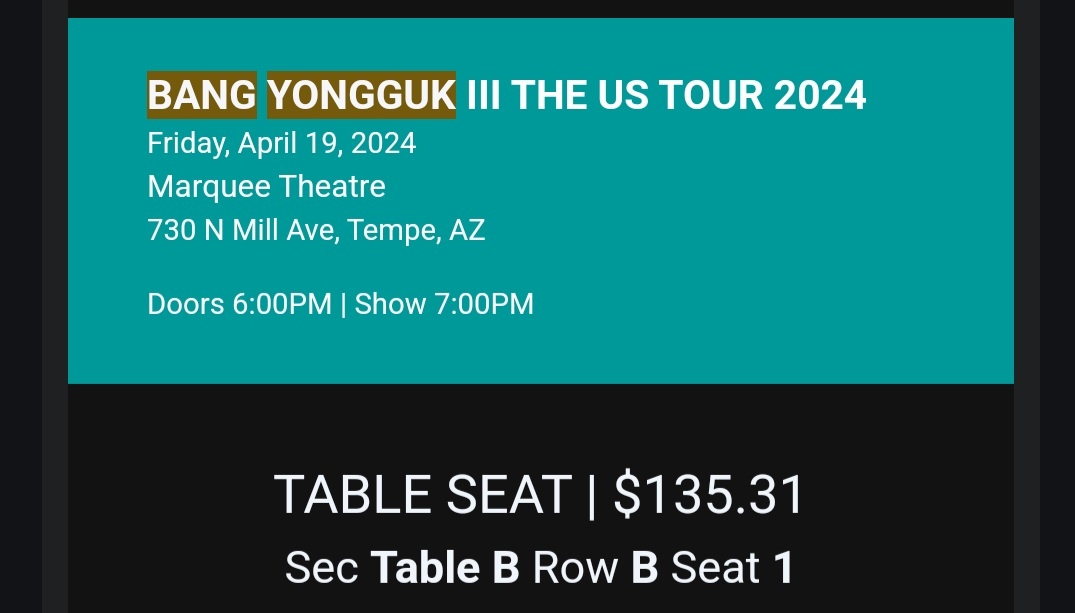 hourlycaoyu's tweet photo. selling one bang yongguk AZ ticket! I'm selling it at $140 (for the fees) reply if you're interested! https://t.co/wW5oMrwhPz